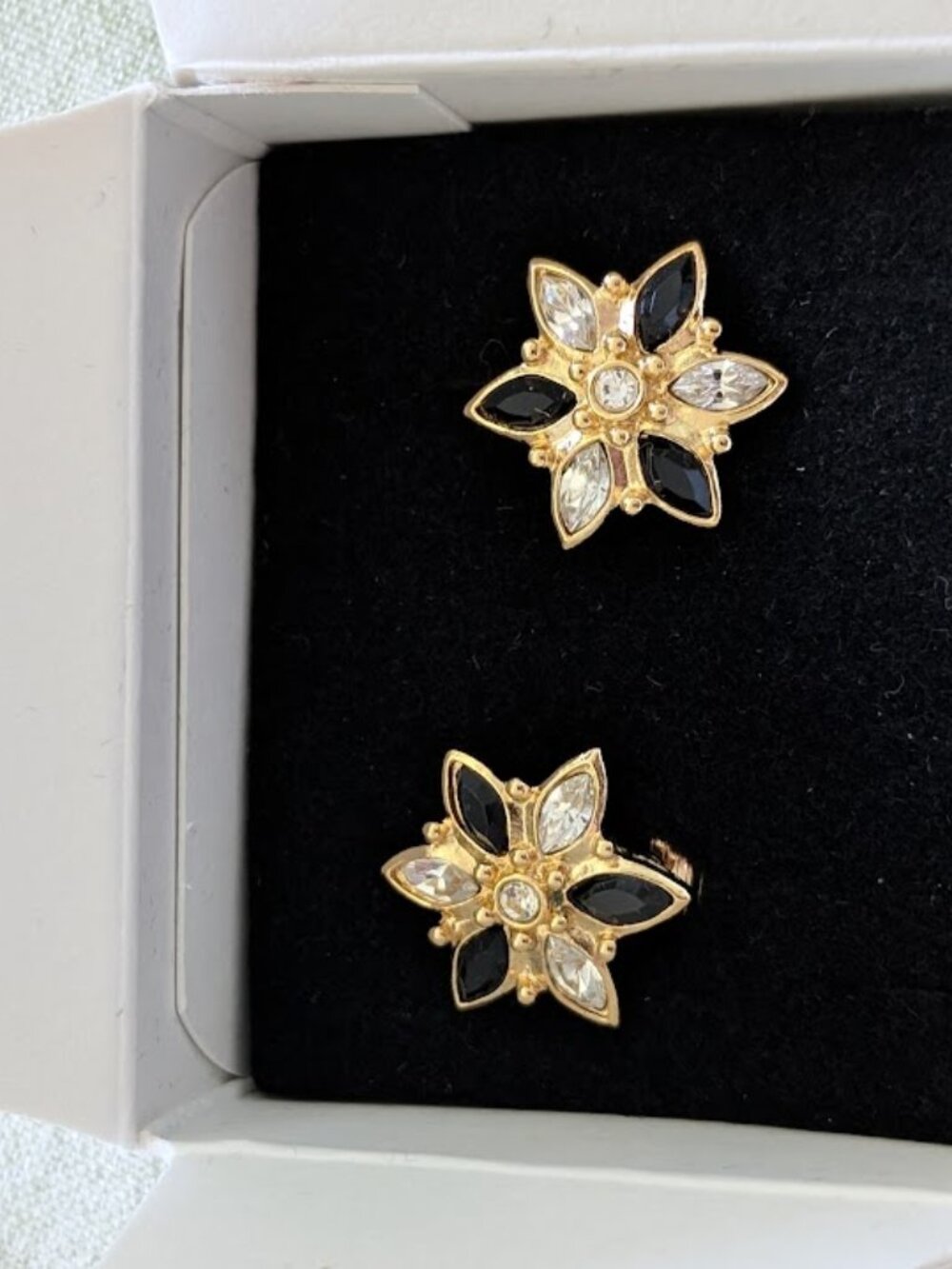 Vintage 1996 Avon Black & Clear Marquise Crystal Starburst Flower Earrings NIB